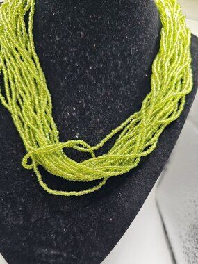 NECKLACE Torsade Multi Strand Green Glass Seed Bead Loop Closure